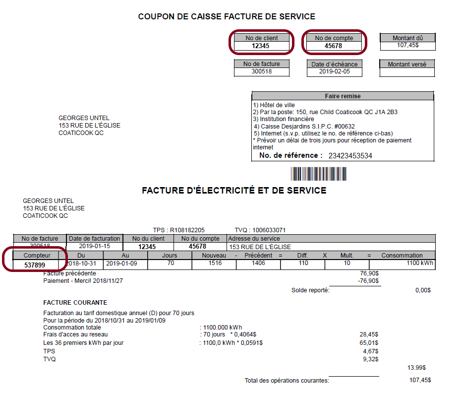 Vous trouverez votre numéro de compte et votre numéro d'entrée de service sur votre facture, tel que montré ci-contre.<br>